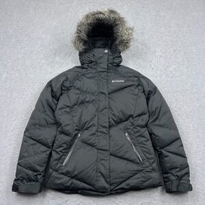 Columbia Coat Womens Small Black Lay D Down Full Zip Up Hooded Puffer Jacket Fur
